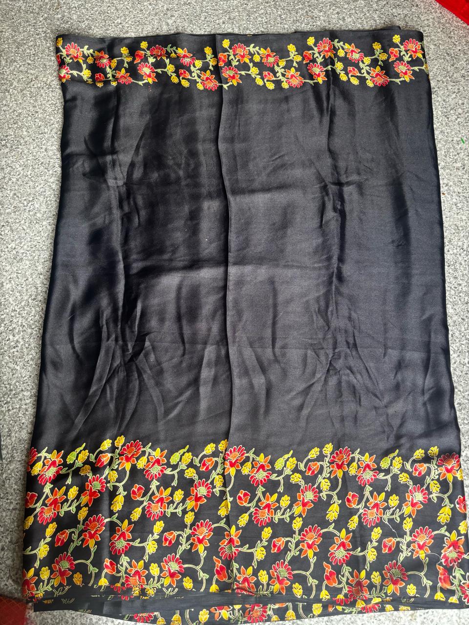 Black Satin Silk Saree with Red & Yellow Floral Embroidery Border