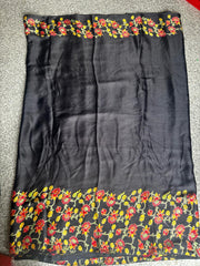 Black Satin Silk Saree with Red & Yellow Floral Embroidery Border