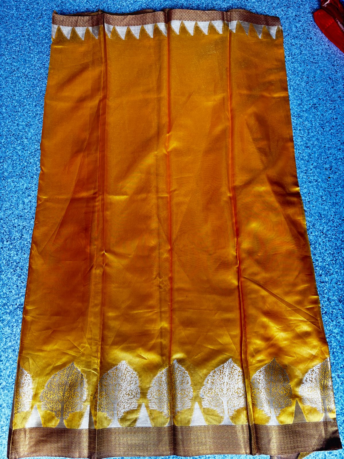 Golden Mustard Organza Saree with Silver Tree Motif Border