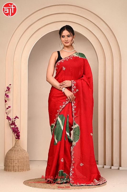 Red Green HO Silk Jacquard Saree with Gota Patti Design and Matching Blouse Piece