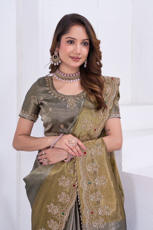Olive Gold Embroidered Saree with Handcrafted Blouse & Kundan Jewelry Set