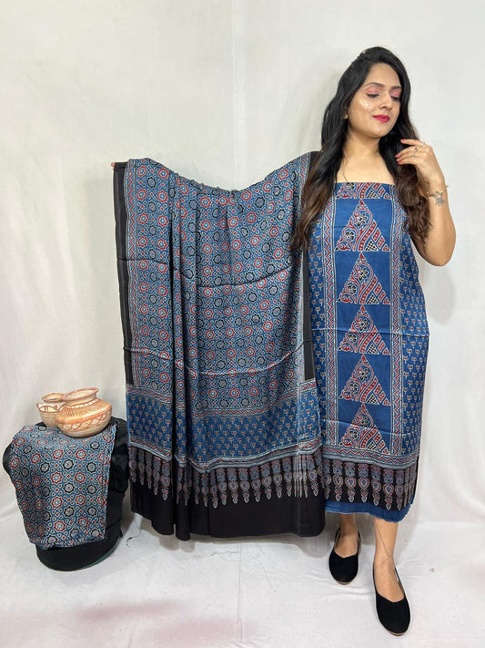 “Blue modaal gajji silk suit set with triangle print and lagdi patta dupatta – Anita Jain Fashions”