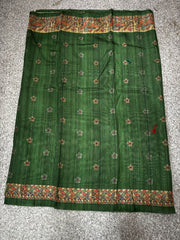 Green Fancy Cotton Saree with Printed Tribal Border and Floral Motifs