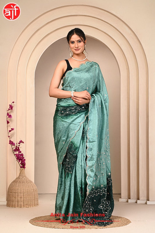 Sea Green HO Silk Saree with Cut Work and Bandhani Design, Includes Blouse Piece