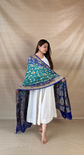 Blue and Teal Khaddi Georgette Dupatta with Meenakari Floral Border
