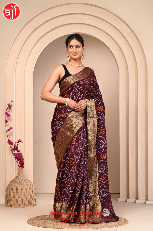 Wine HO Silk Saree with Zari Weaving and Bandhani Design, Includes Blouse Piece
