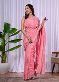 Coral quilted saree with silver embroidered details