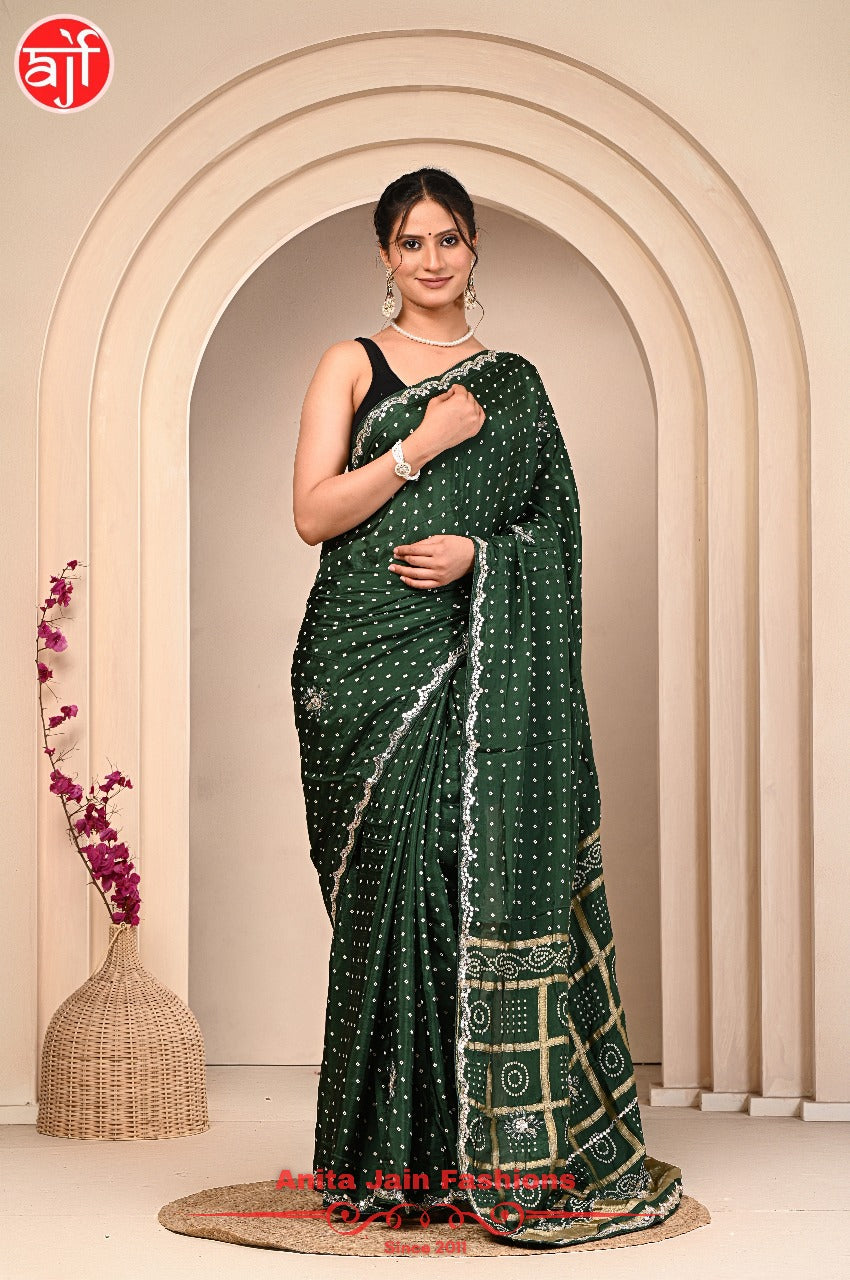 Green HO Silk Saree with Bandhani Design and Cut Work Border