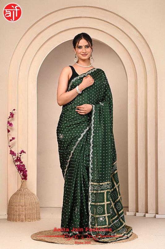 Green HO Silk Saree with Bandhani Design and Cut Work Border