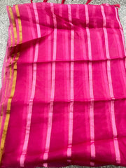 Hot Pink Organza Cotton Saree with Striped Pattern and Golden Border – Light Partywear Saree