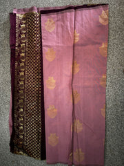 Dusty Pink Fancy Cotton Saree with Elegant Golden Woven Motifs & Contrast Maroon Border