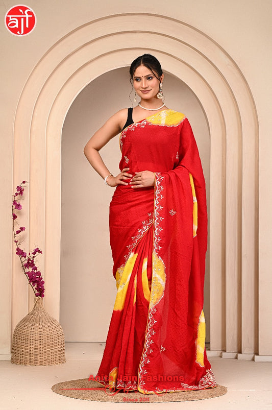 Red Yellow HO Silk Jacquard Saree with Gota Patti Design and Contrast Border