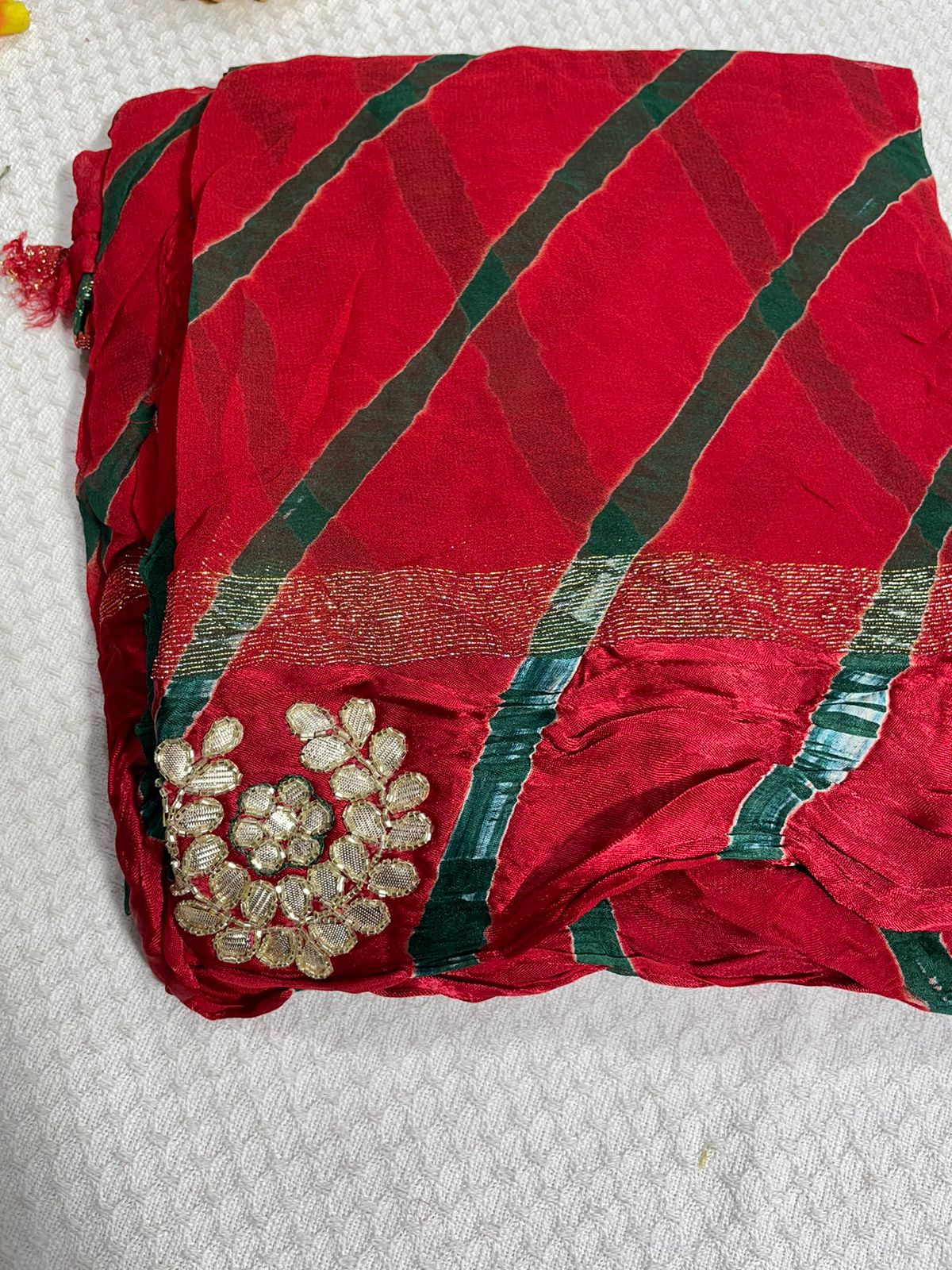 Pure Georgette leheriya Premium Sarees with satin border and gota patti work (with blouse)