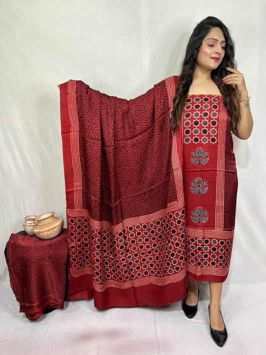 Maroon Modal Gajji Silk Bandhani Suit Set – Lagdi Patta with Circle Motifs & Ajrakh Border Dupatta