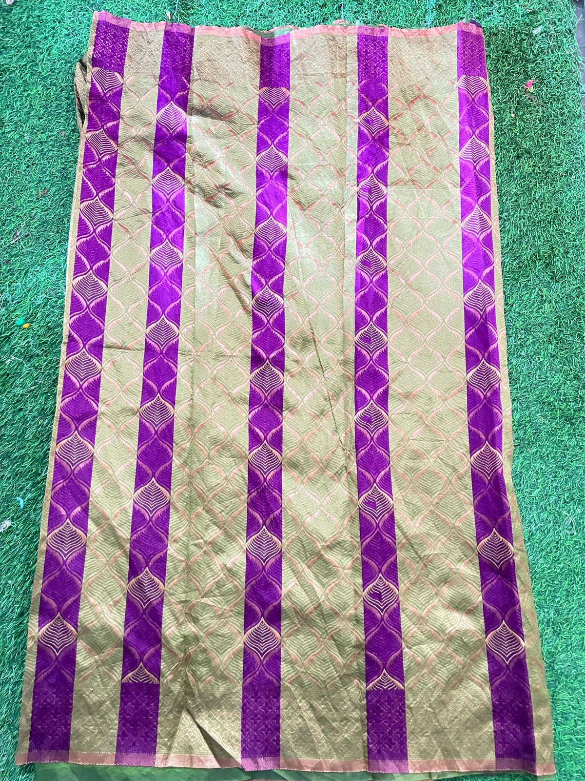 Beige & Purple Lychee Silk Saree with Leaf Motif Woven Stripes