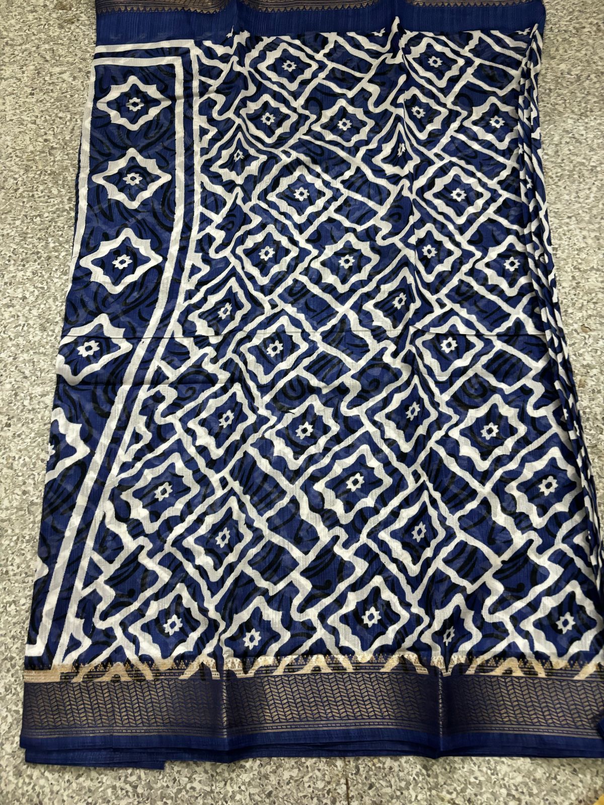Royal Blue Slap Cotton Saree with White-Black Ajrakh Motifs and Zari Border - Festive Ethnic Saree