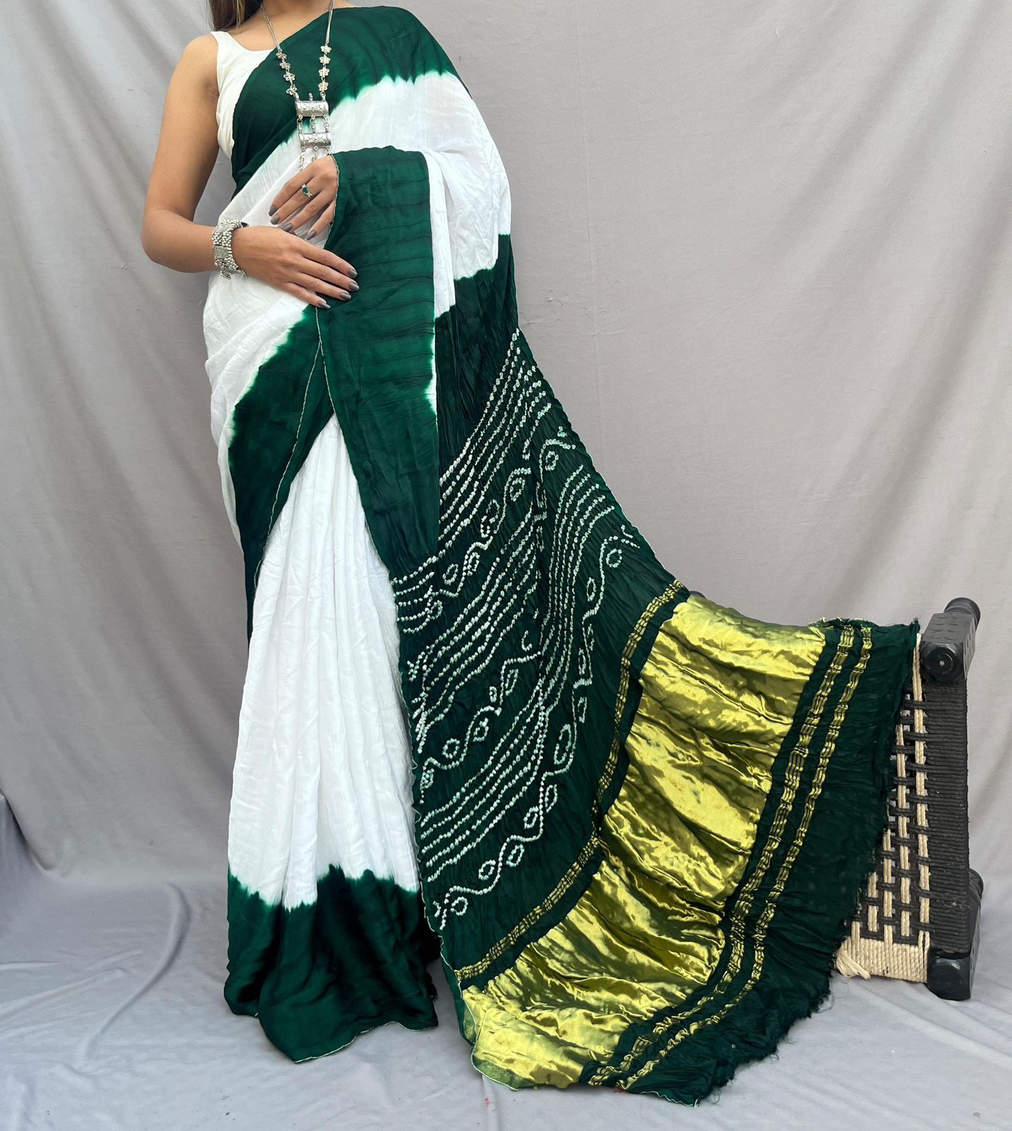 Green Pure Gajji Silk Saree with Lagdi Patta - Hand Bandhej, Ethically Made - Anita Jain Fashions