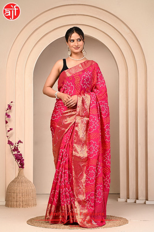 Pink HO Silk Saree with Zari Weaving and Bandhani Design, Includes Blouse Piece