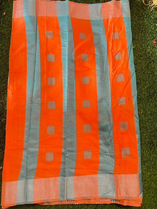 Orange & Aqua Select Cotton Saree with Striped Weave and Butta Design