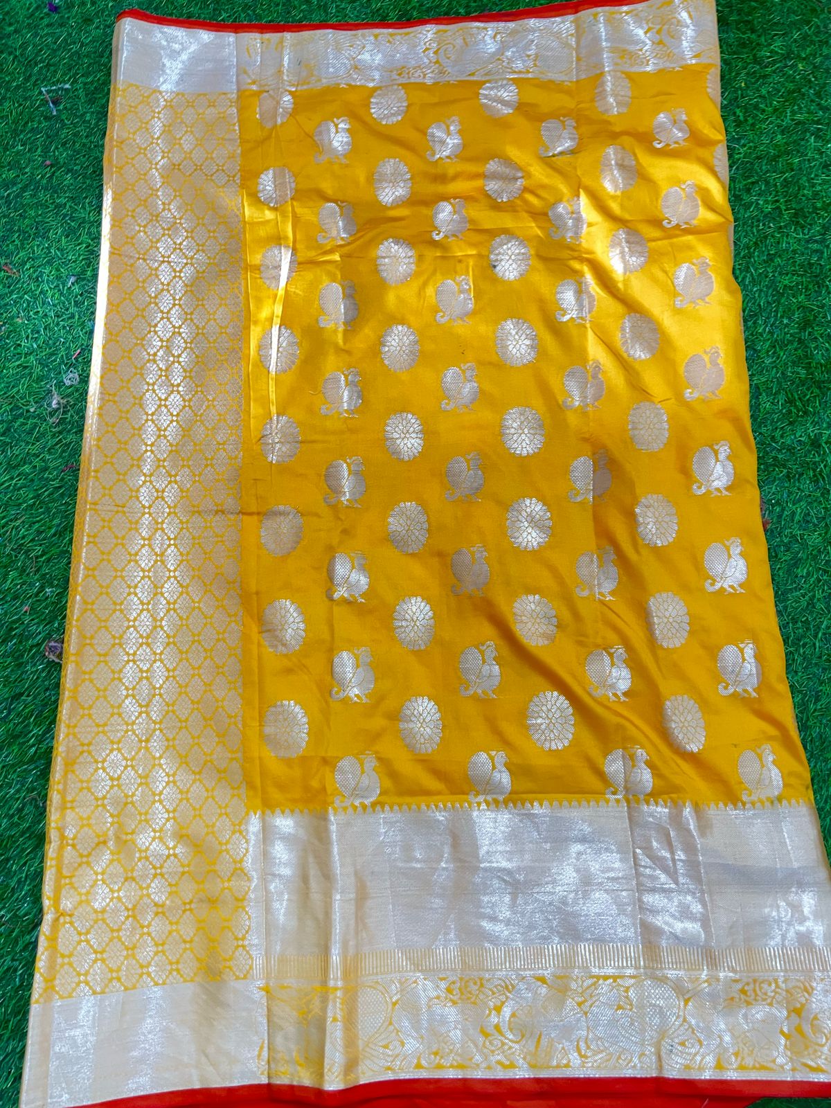 Yellow Banarasi Silk Saree with Silver Zari Motifs and Contrast Border