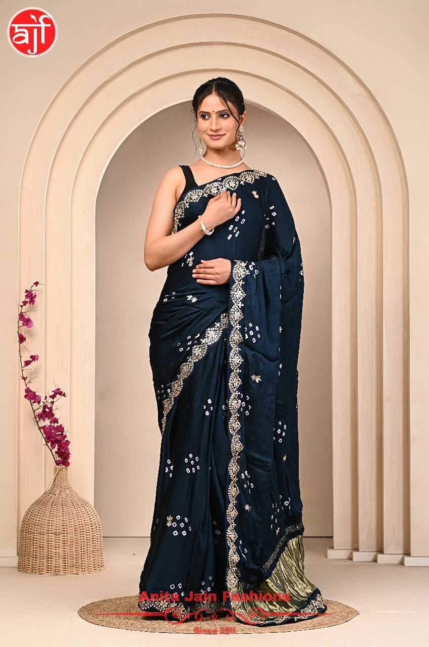 Teal Blue Modal Gajji Silk Saree with Cut Work and Bandhani Design