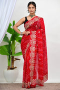 Red Saree with Gold Zari Embroidery & Floral Motifs