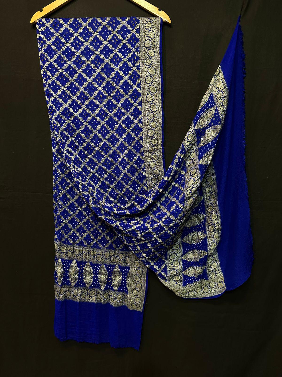 “Royal Blue Bandhani Suit Set in Modaal Gajji Silk with Silver Lagdi Patta Dupatta – Anita Jain Fashions”