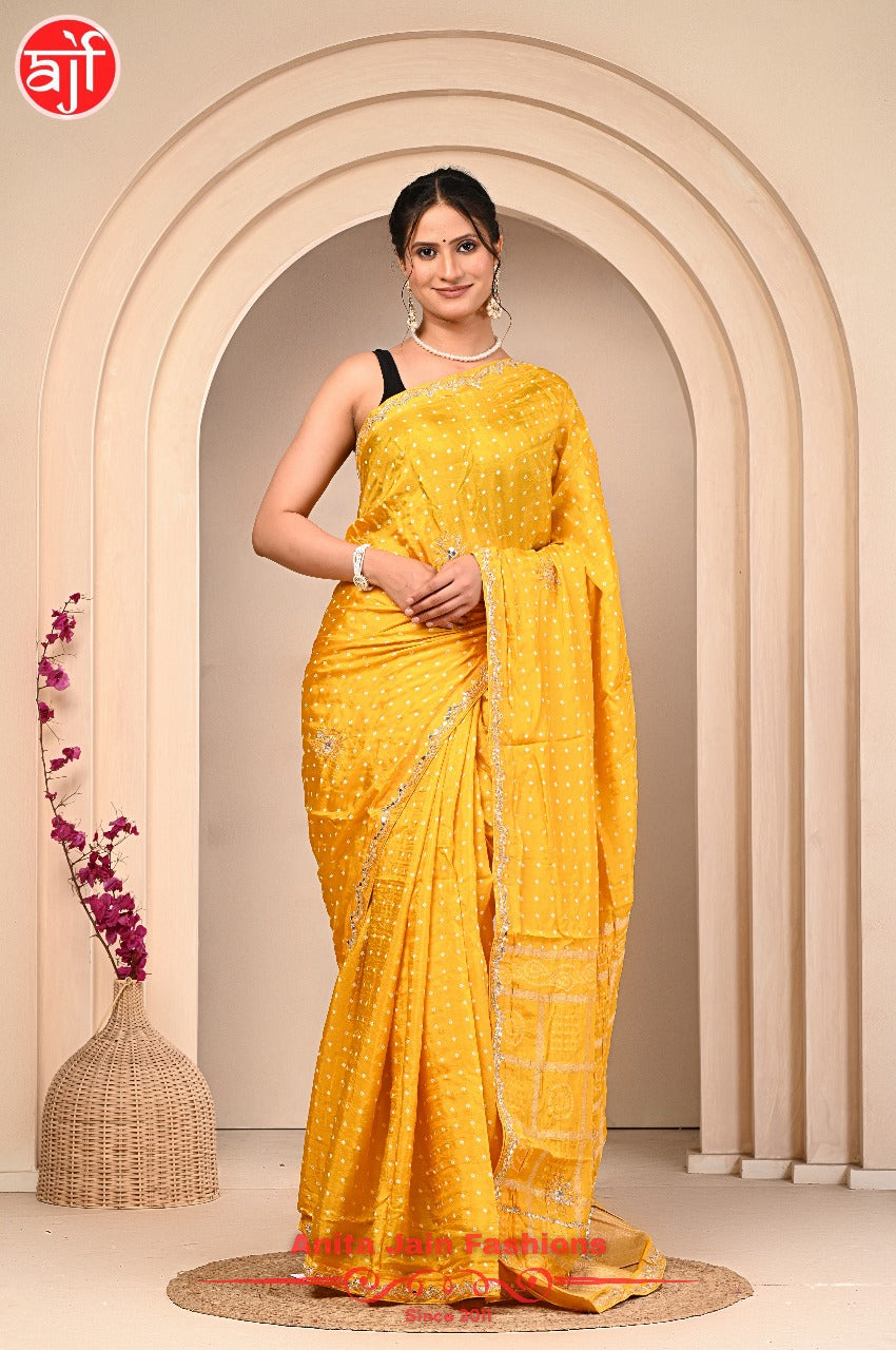 Yellow HO Silk Saree with Cut Work and Bandhani Design, Includes Blouse Piece