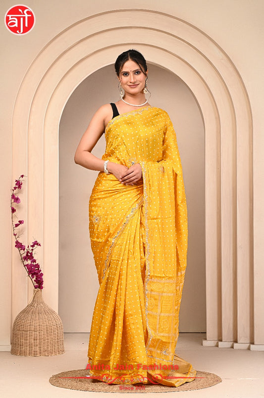 Yellow HO Silk Saree with Cut Work and Bandhani Design, Includes Blouse Piece