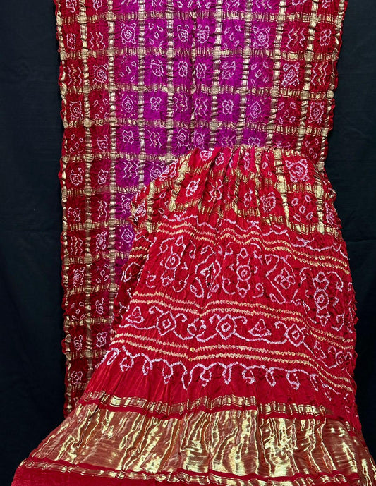 “Red and Rani Pink Modaal Gajji Silk Bandhani Suit with golden Lagdi Patta dupatta – Anita Jain Fashions”