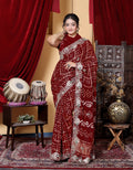 Maroon Bandhani Saree with White Geometric Print