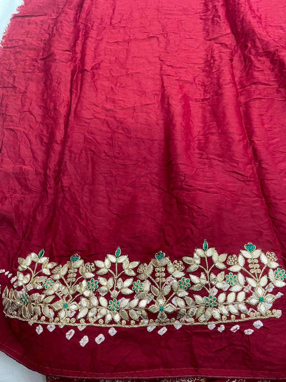 Pure Gazzi silk Traditional Saree with Gotta patti work and Hand Bandhani