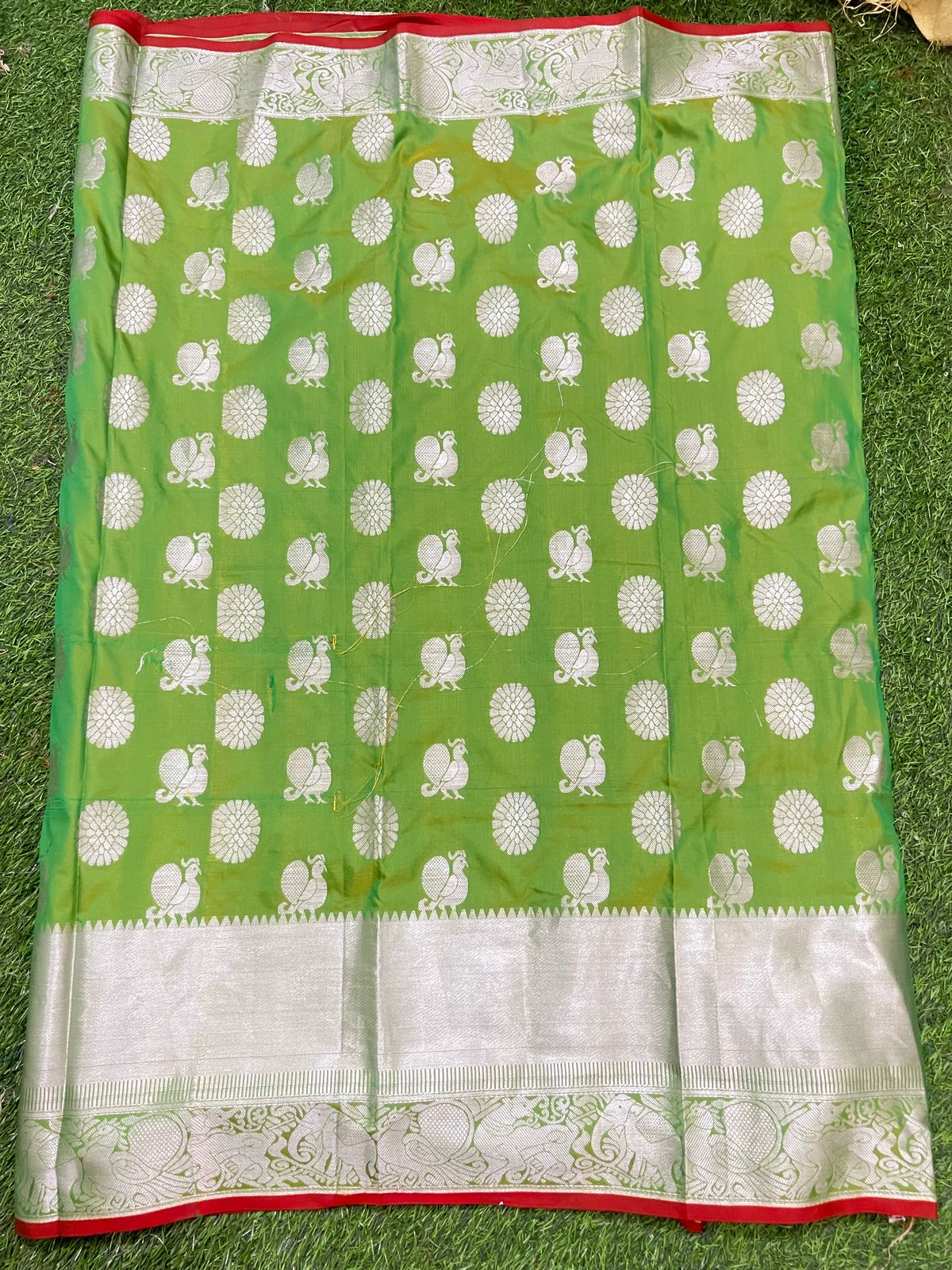 Parrot Green Banarasi Silk Saree with Silver Zari Peacock Motifs & Floral Border