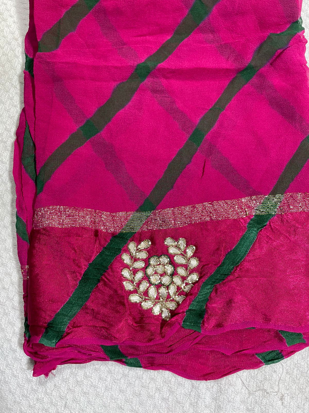 Pure Georgette leheriya Premium Sarees with satin border and gota patti work (with blouse)