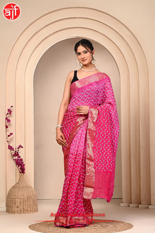 Pink HO Silk Saree with Foil Print and Contrast Border