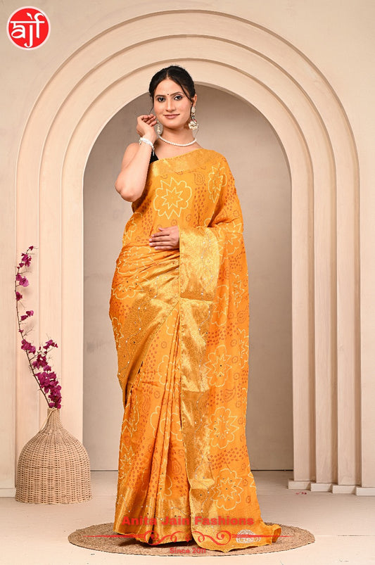 Yellow HO Silk Saree with Zari Weaving and Bandhani Design, Includes Blouse Piece