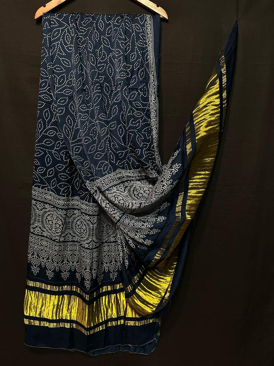 "Navy Blue Modal Gajji Silk Suit Set with Hand Bandhani and Gold Lagdi Patta Dupatta"