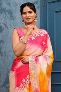 Cream Sari with Pink & Gold Embroidered Borders