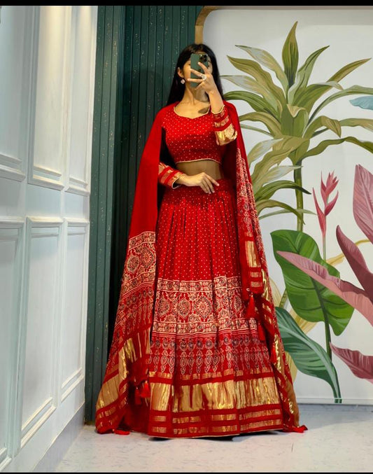 Red Modal Gajji Silk Saree with Ajrakh Print and Contrast Border