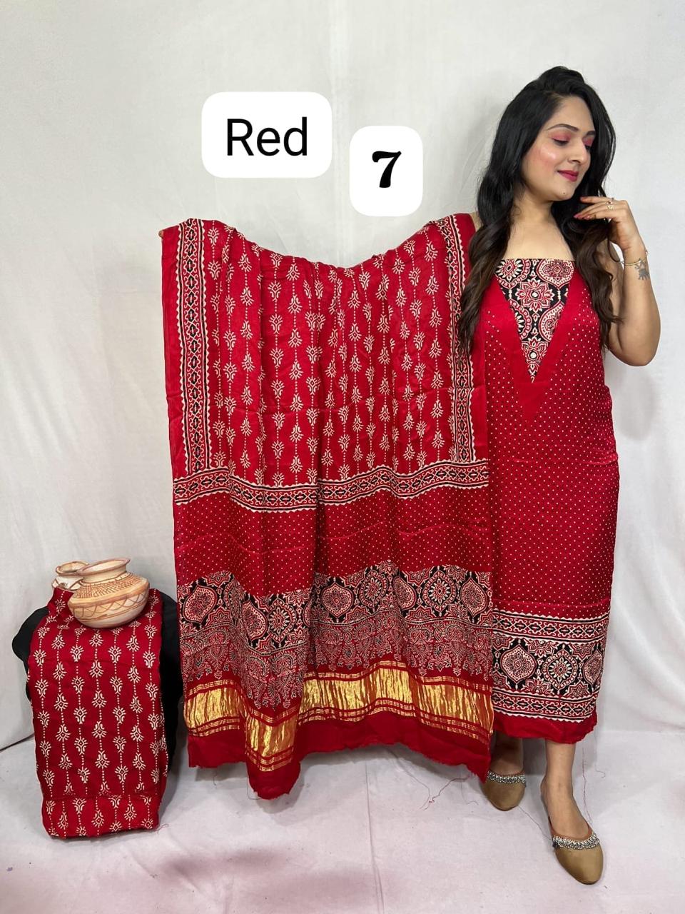 “Red Modaal Gajji Silk Bandhani Suit Set with Lagdi Patta Dupatta – Anita Jain Fashions”