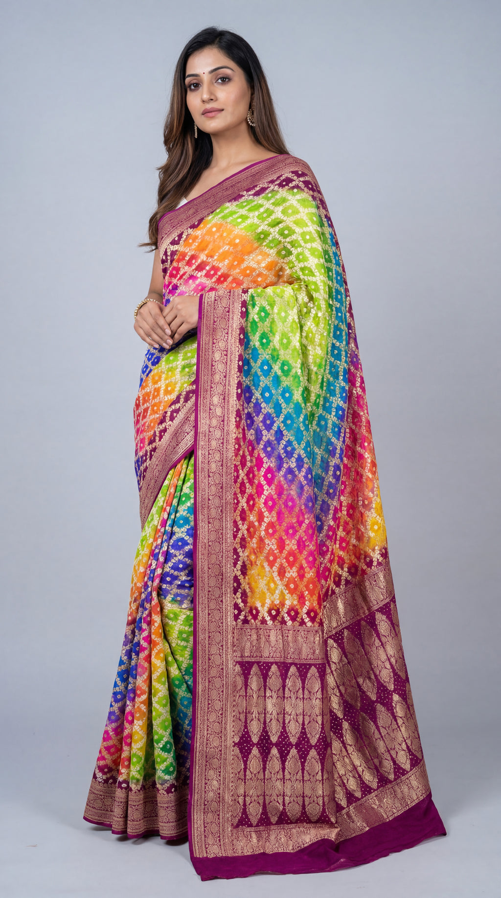 Khaddi Georgette Bandhani Neemzari Saree