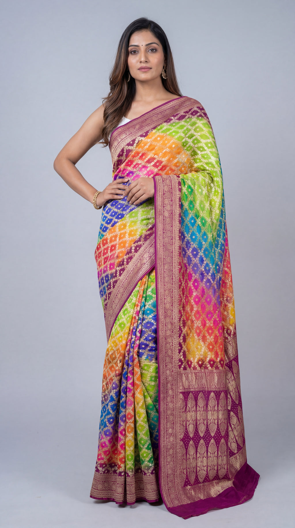 Khaddi Georgette Bandhani Neemzari Saree