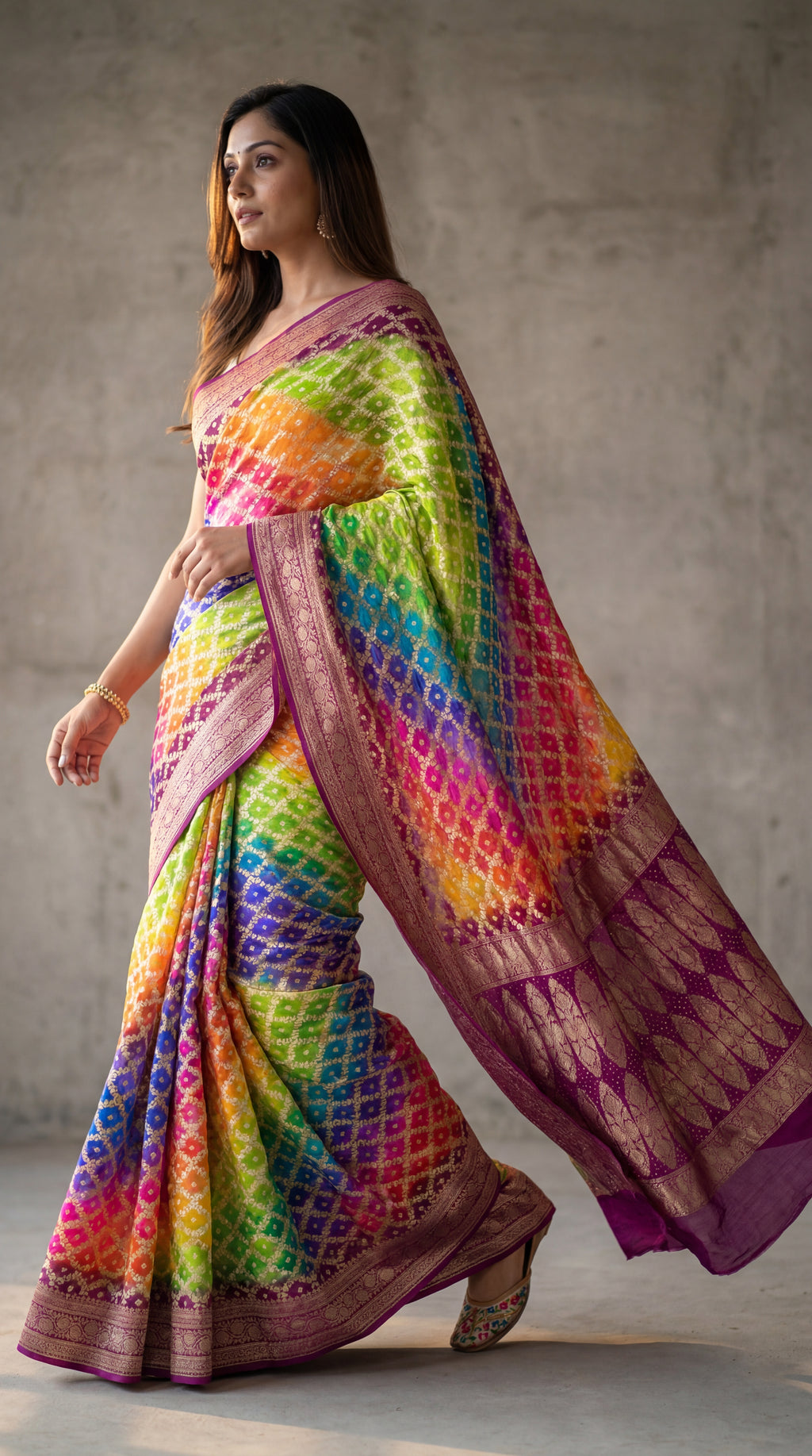 Khaddi Georgette Bandhani Neemzari Saree