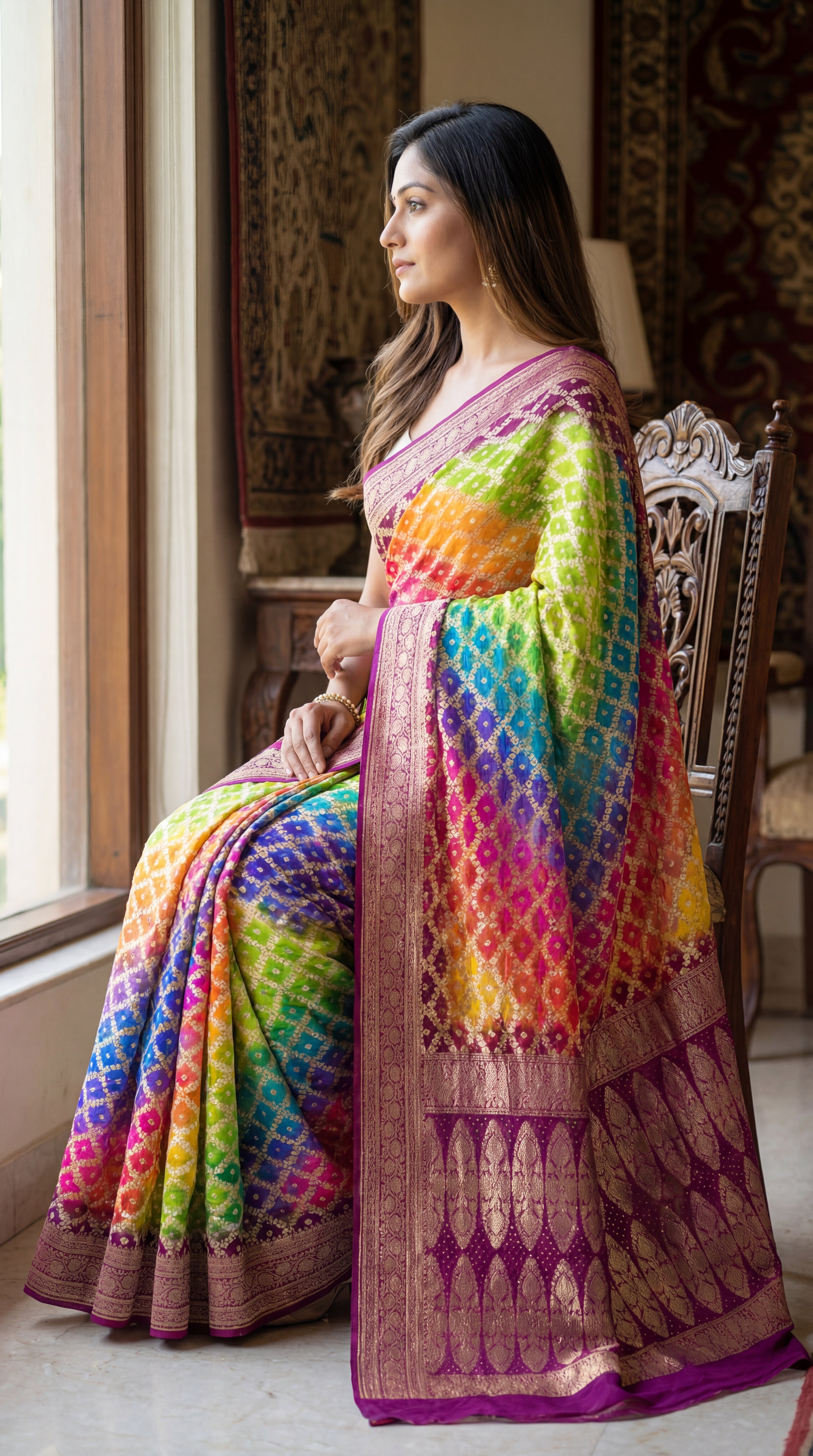 Khaddi Georgette Bandhani Neemzari Saree