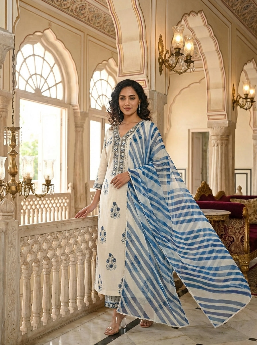 Elegant Ivory Cotton Kurta Set with Blue Printed Dupatta – Anita Jain ...
