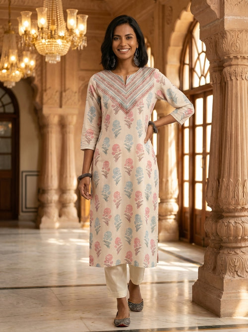 Elegant Ivory Floral Printed Kurta Set