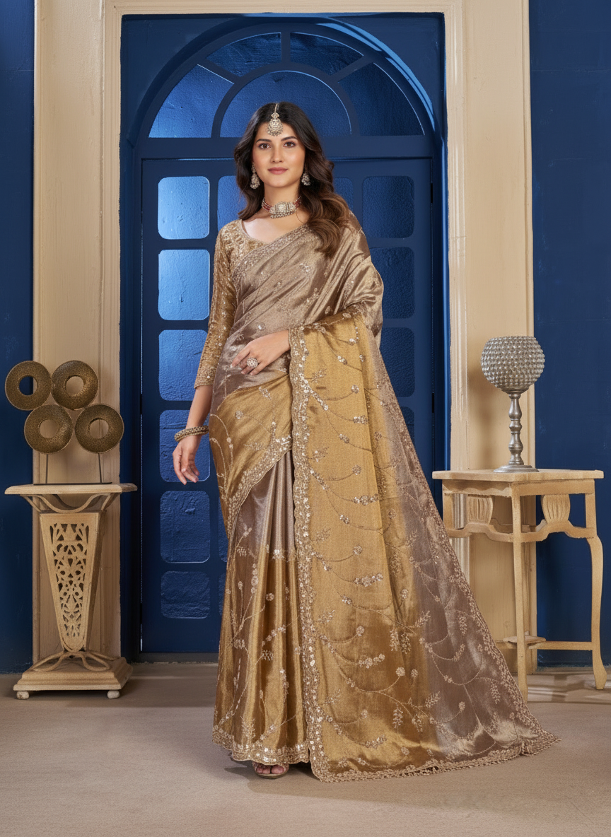 Festive Wear Gold Saree with Delicate Thread & Sequin Embellishments