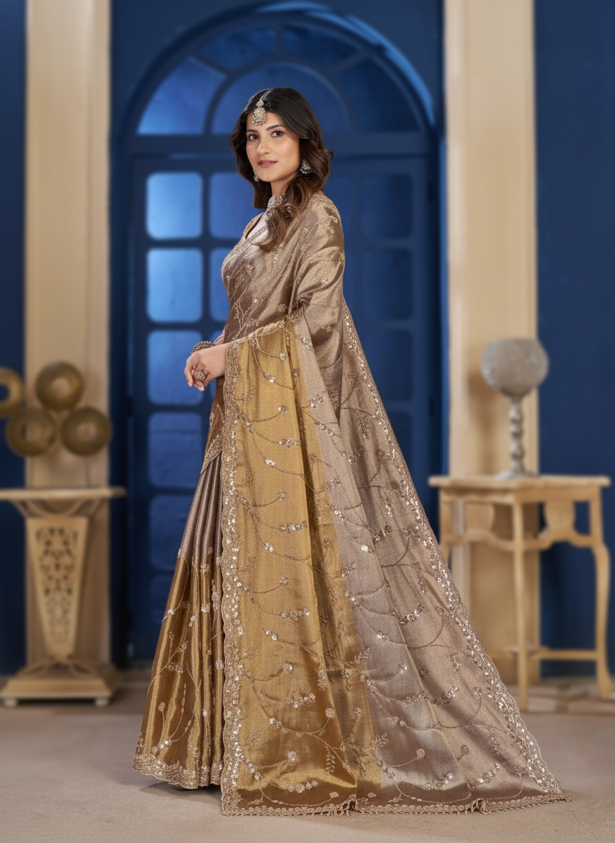 Festive Wear Gold Saree with Delicate Thread & Sequin Embellishments