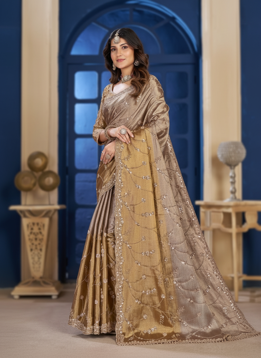 Festive Wear Gold Saree with Delicate Thread & Sequin Embellishments