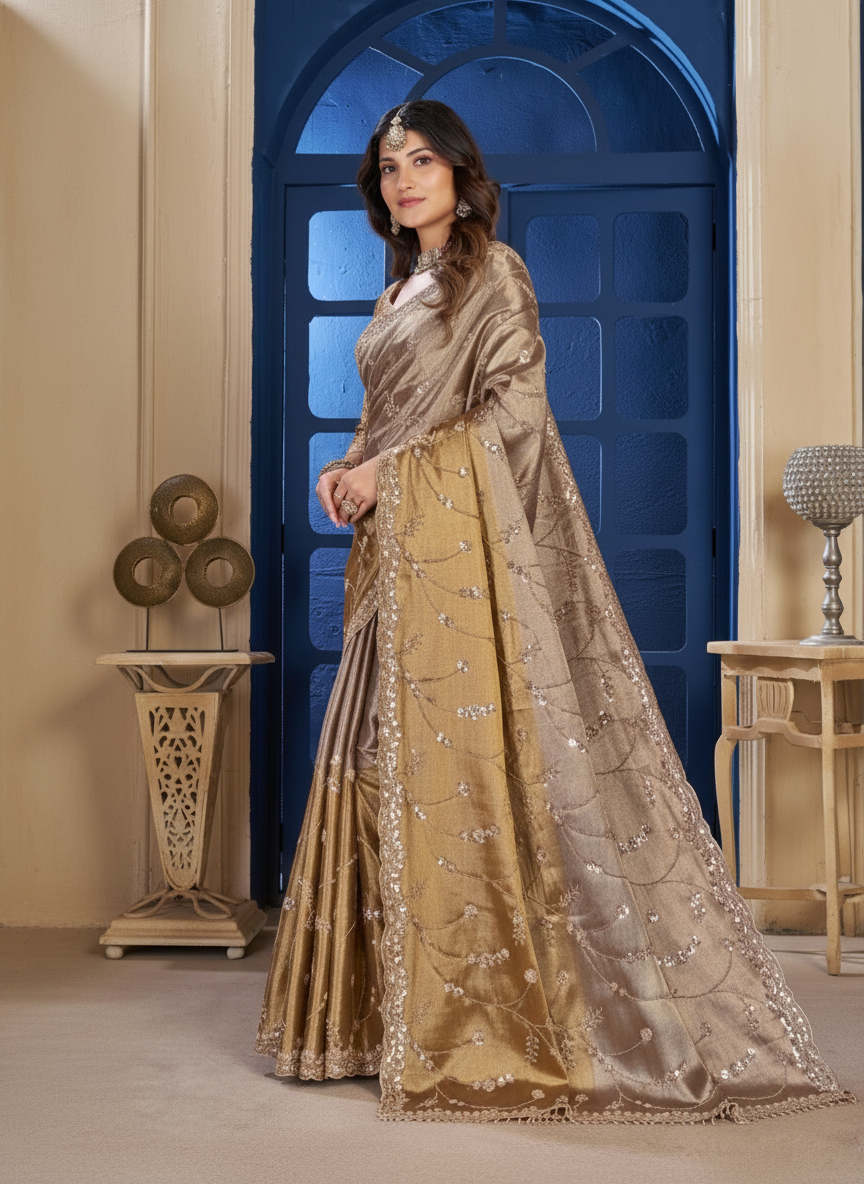 Festive Wear Gold Saree with Delicate Thread & Sequin Embellishments